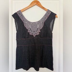 Free People Gray Lace Trim Tank Top Boho Tunic Blouse Cottagecore Medium